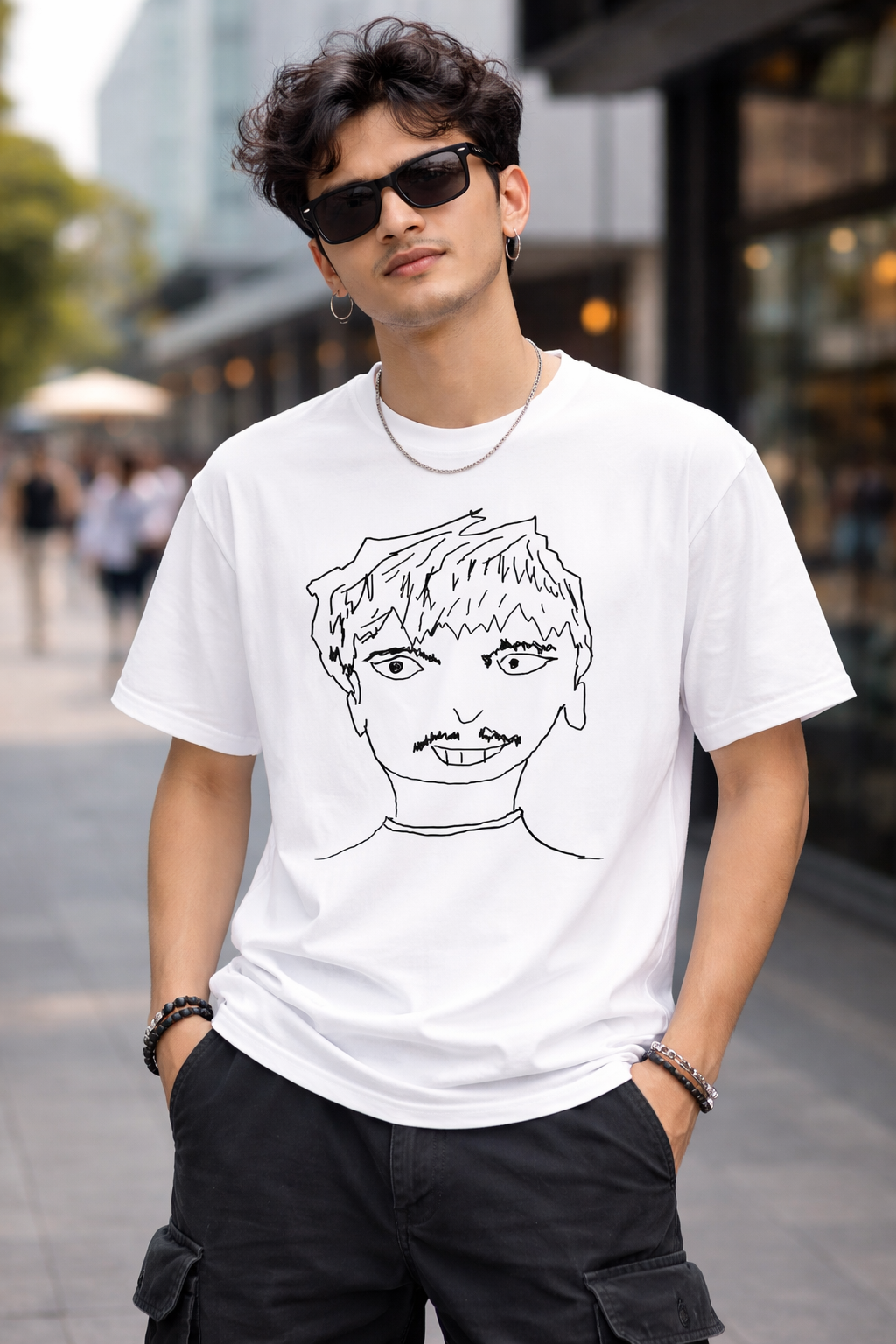 Young man wearing K Hereko Oe? streetwear t-shirt in urban setting - SKRIBBL SERIES model showcase