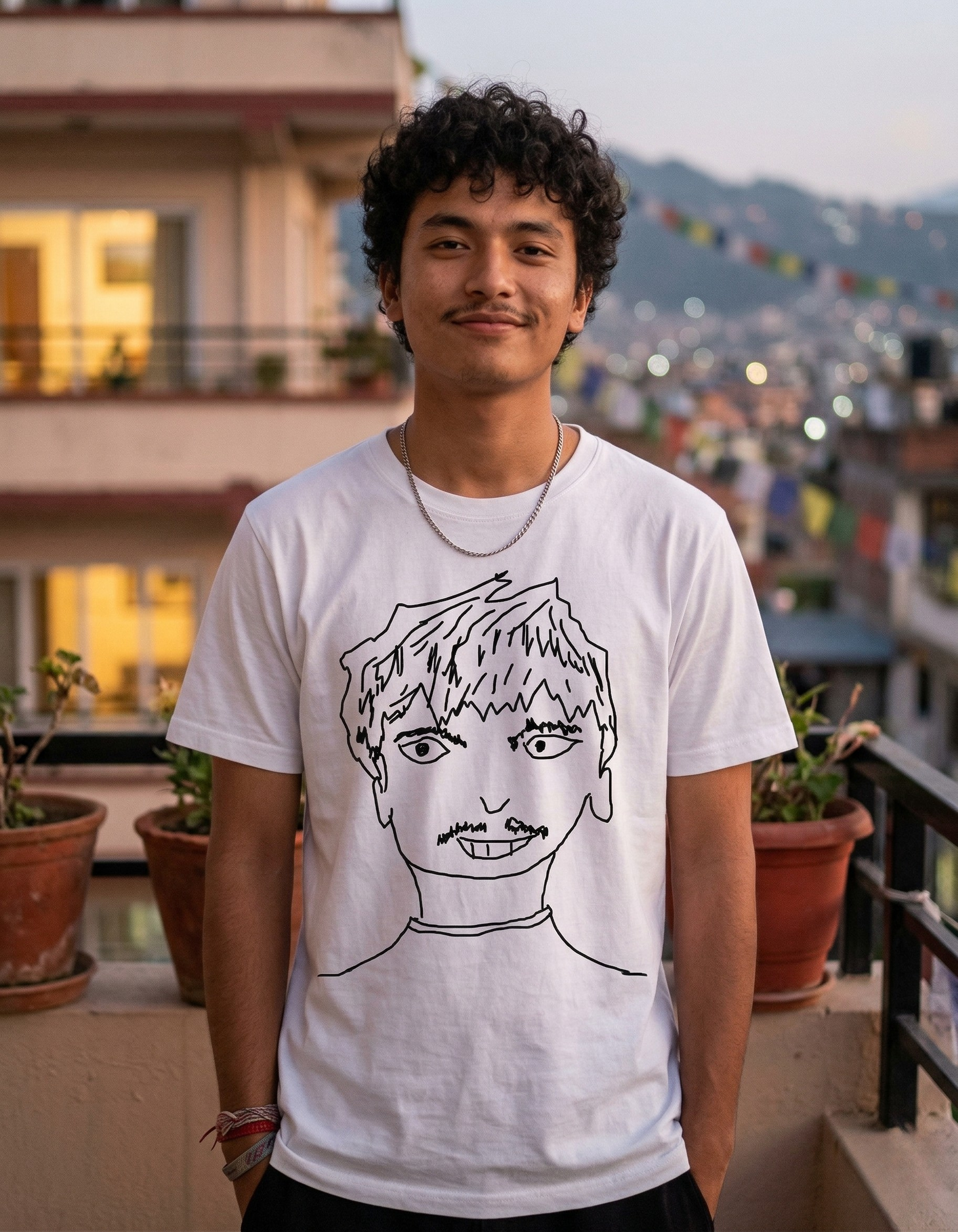 Curly-haired model showcasing oversized fit t-shirt - SKRIBBL SERIES streetwear collection