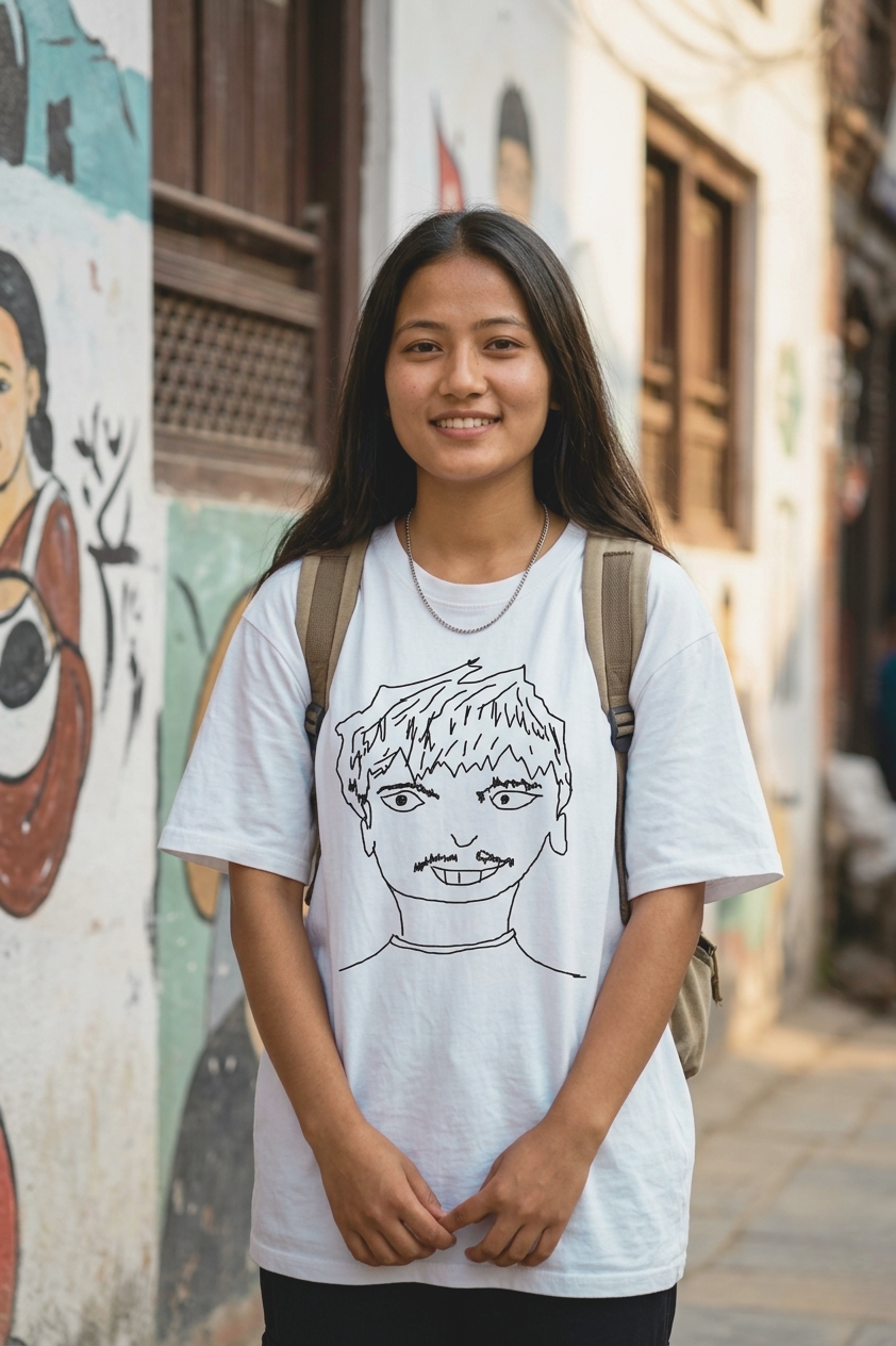 Curly-haired model showcasing oversized fit t-shirt - SKRIBBL SERIES streetwear collection