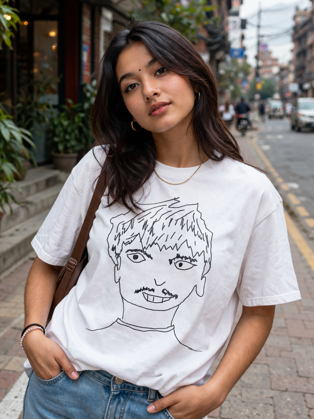 Nepali Gen Z girl wearing oversized cotton t-shirt - modern streetwear lifestyle